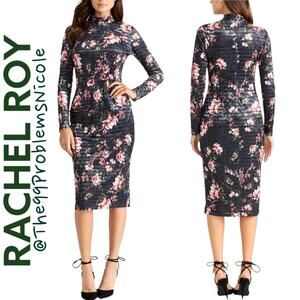Rachel Roy Velvet Floral Print Midi Dress with Mockneck